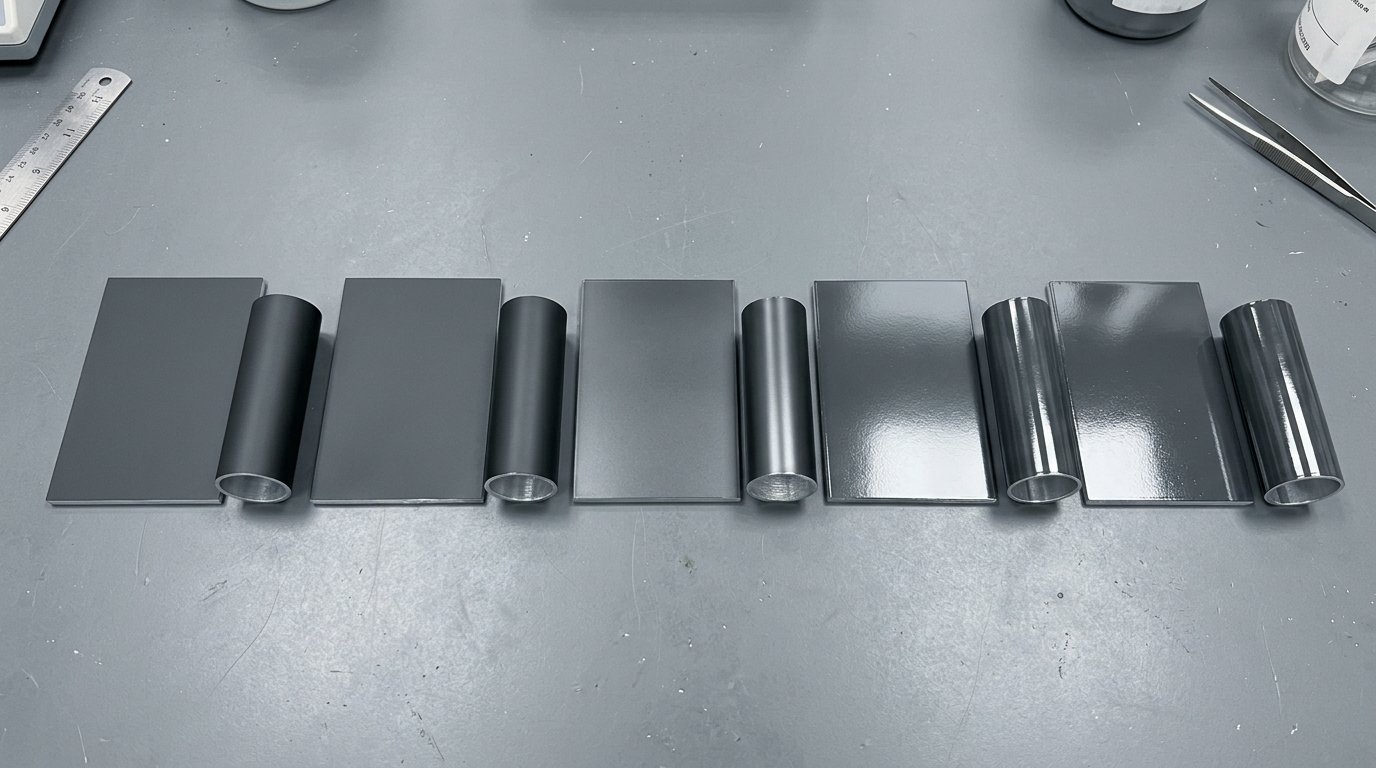 Coated aluminum tube samples and test panels compared on a laboratory bench