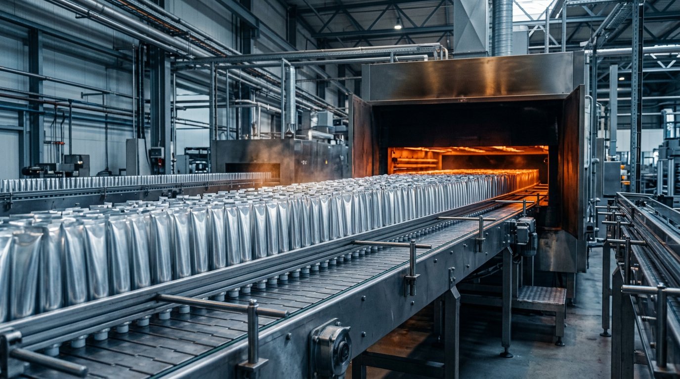 Aluminum tubes moving on a conveyor into a curing oven on a coating line