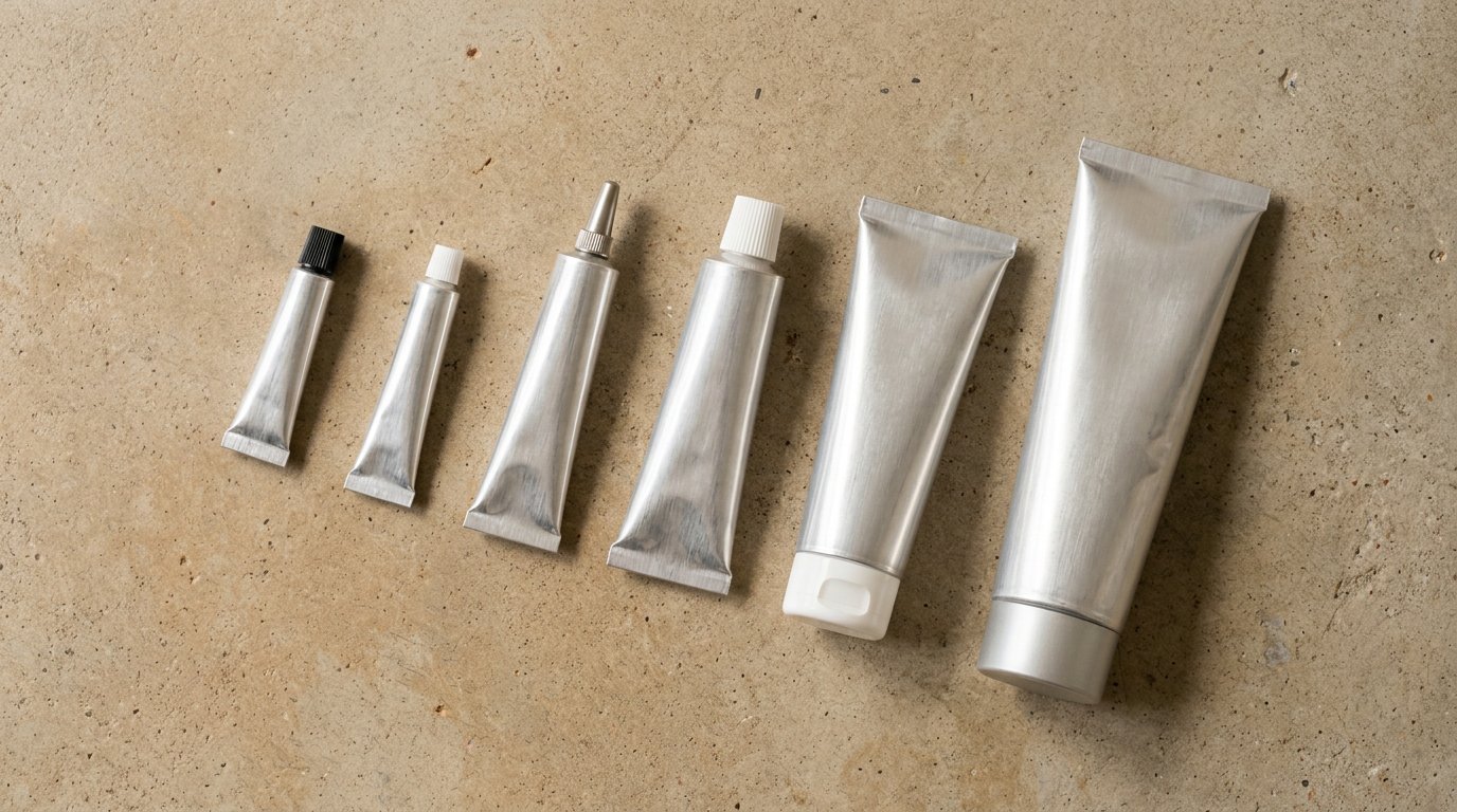 Range of aluminum squeeze tubes from sample size to full size with different closures