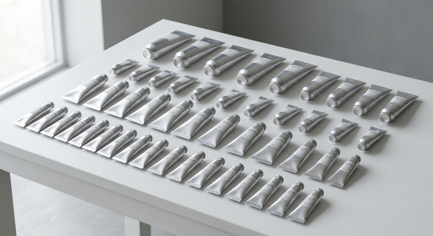 Various sizes of aluminum collapsible tubes arranged for comparison