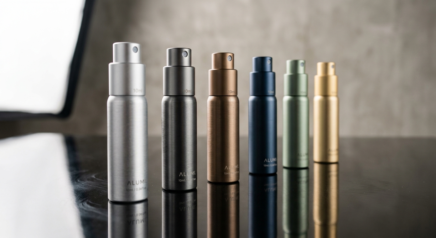 Brushed and anodized aluminum atomizer bottles displayed in a row