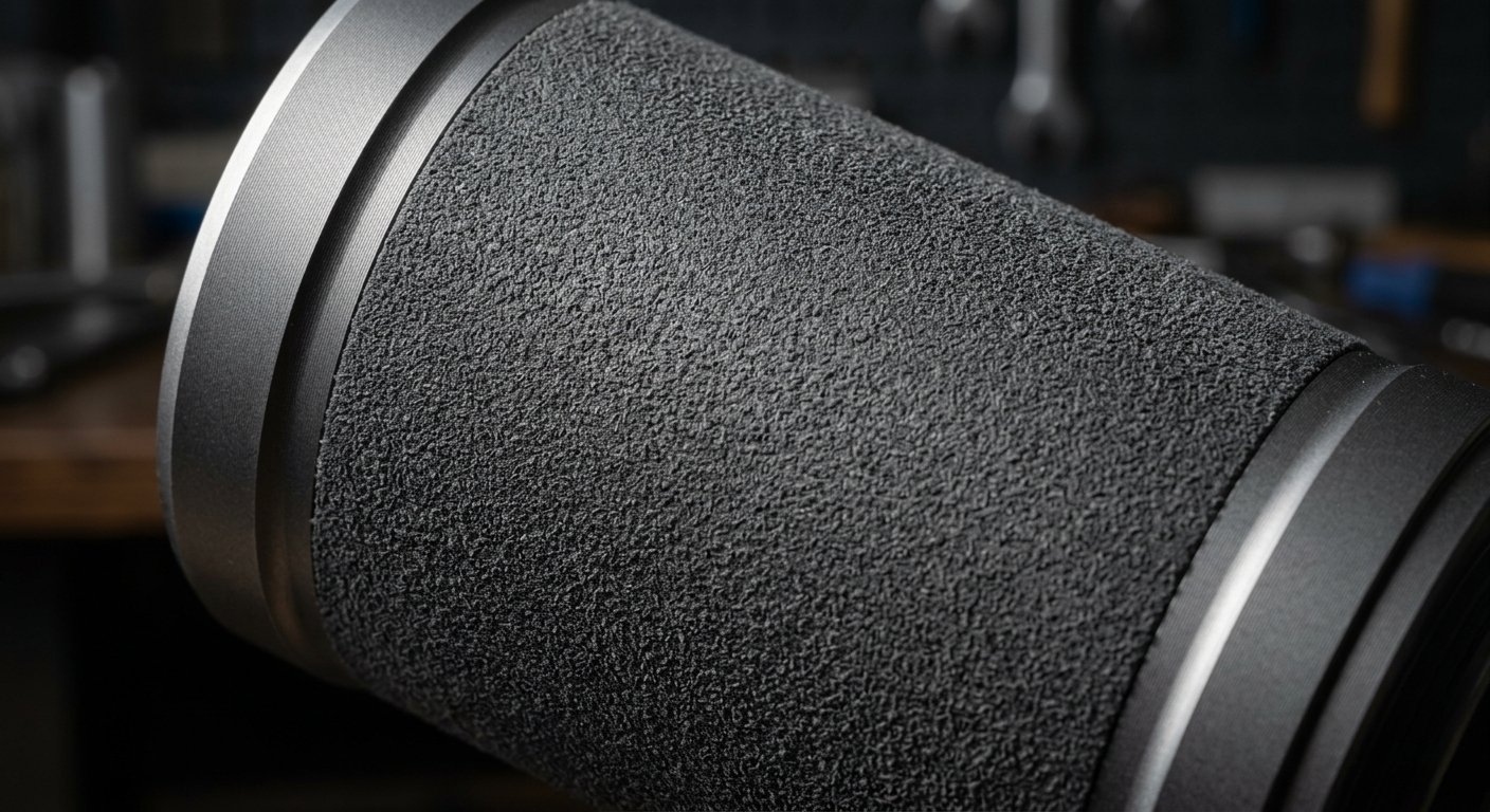 Macro close-up of rubberized soft-touch texture on an aluminum tube surface