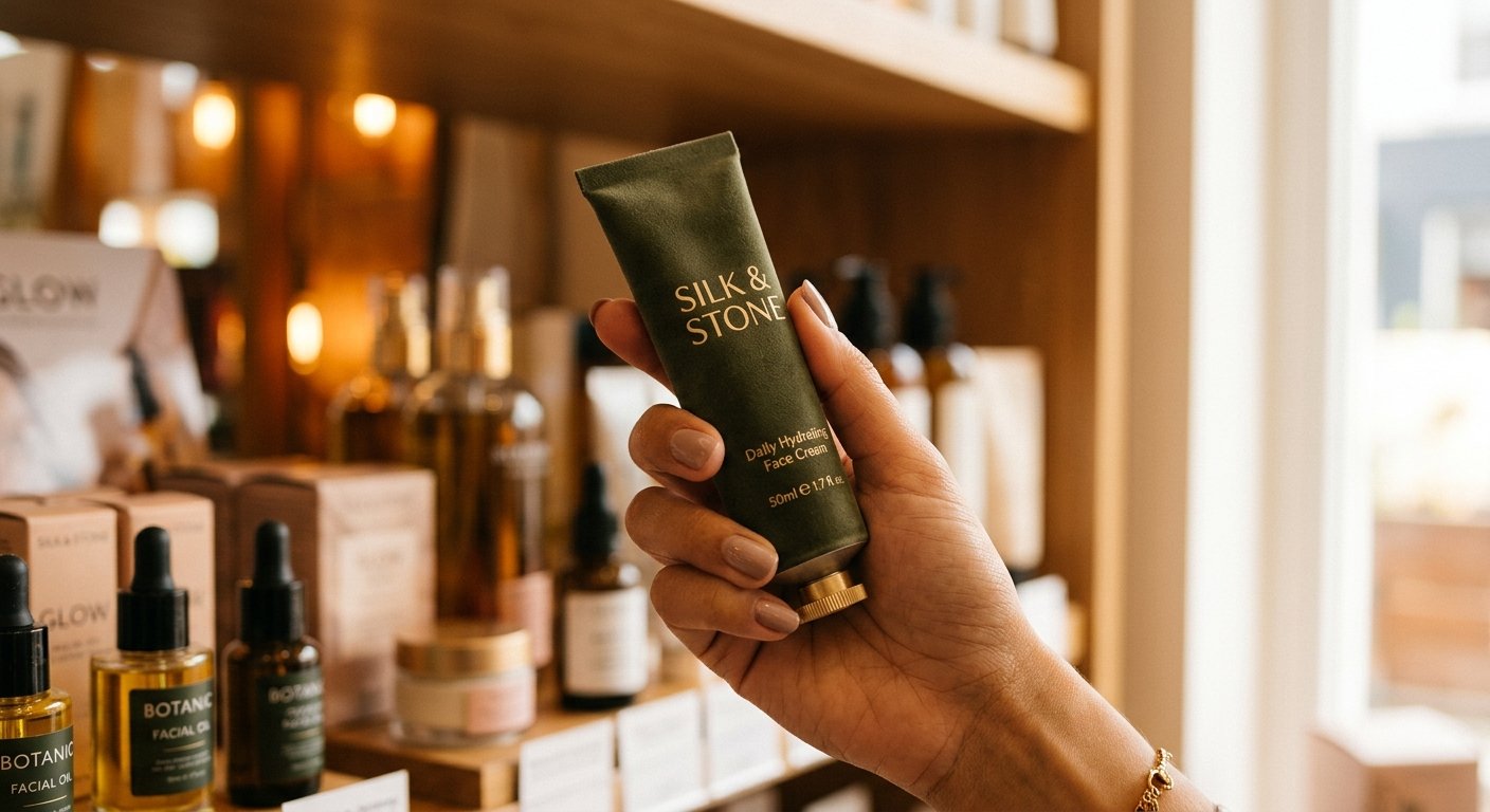 Hand holding a premium soft-touch finished cream tube under warm light