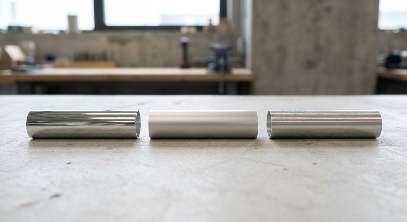 Three aluminum tubes with glossy, matte soft-touch, and brushed metallic finishes side by side