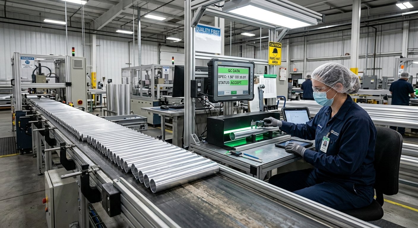 Factory quality control inspection of aluminum tubes on a production line