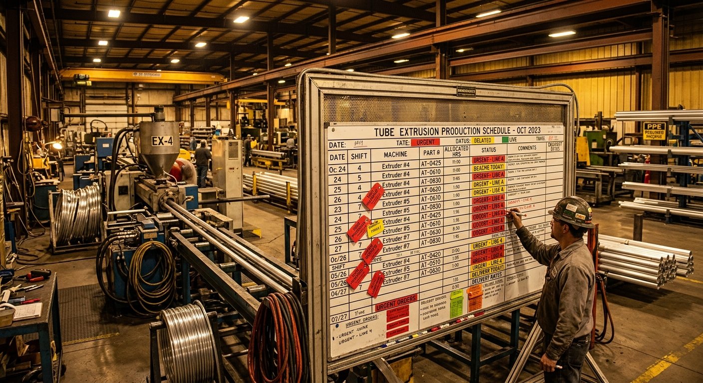 Production scheduling board near aluminum tube manufacturing line